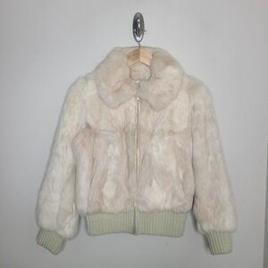 Vtg Split End Ltd Jacket Womens Small White Rabbit Fur Bomber Short Full Zip